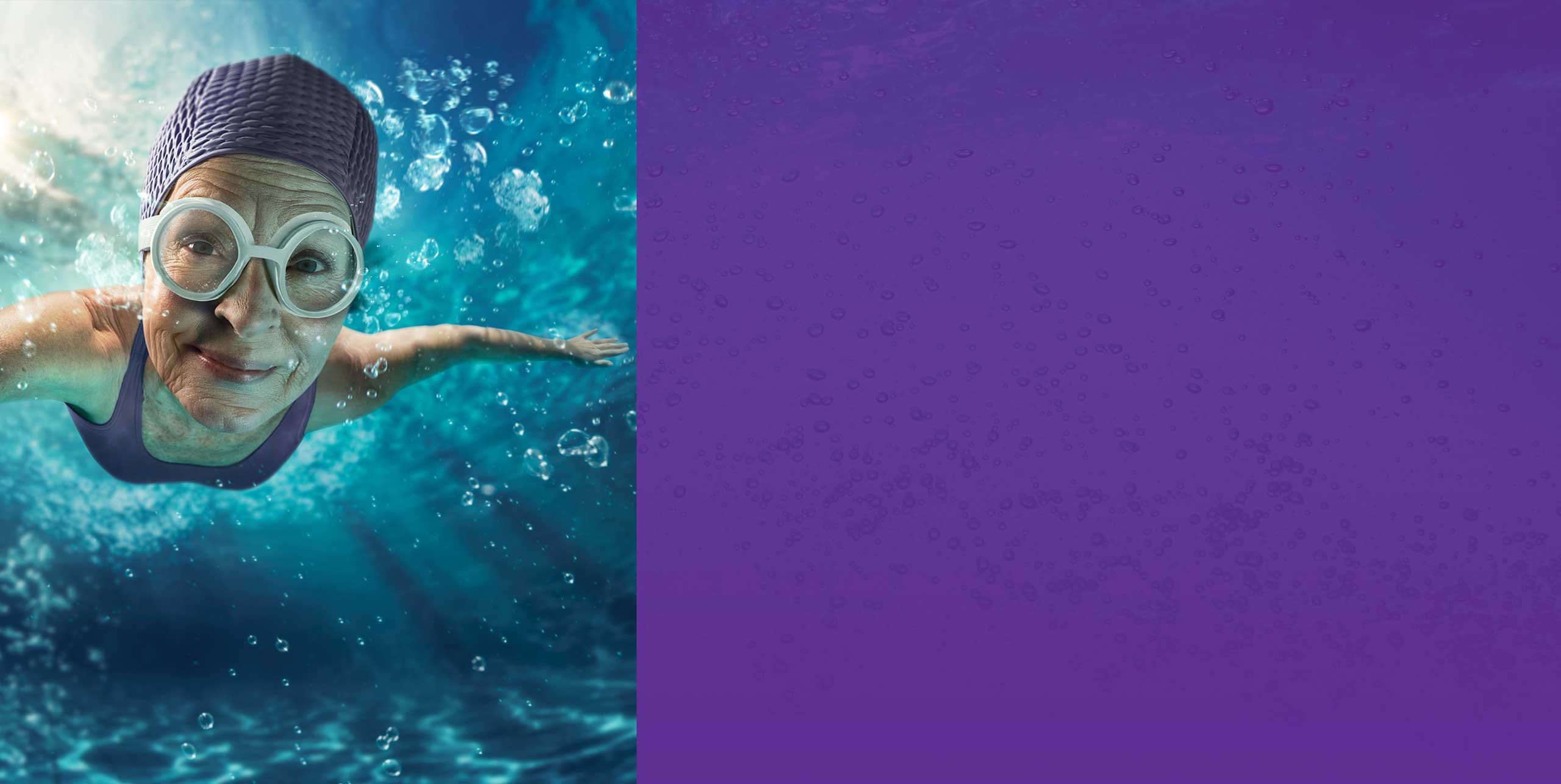 Woman swimming with purple bathing suit and water cap with purple background
