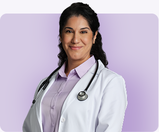 Female doctor with lab coat and stethoscope with purple background