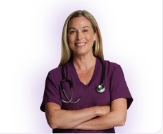 Nurse smiling in burgundy scrub shirt